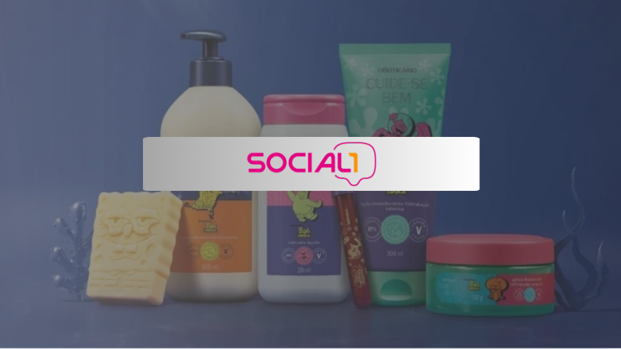 Produtos de beleza (loção, sabonete e creme) com logotipo Social1 sobreposto