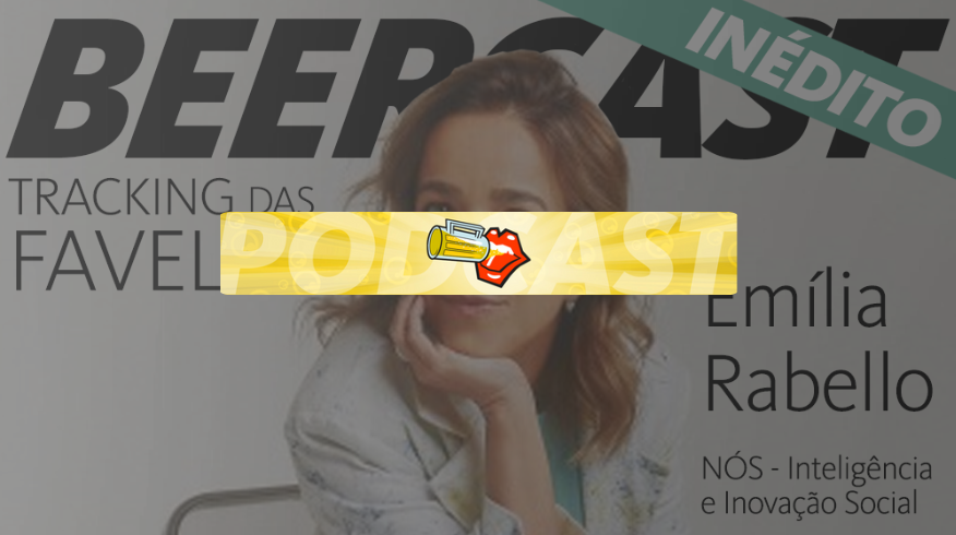 Banner de podcast com mulher em destaque, texto Tracking das Favelas e faixa Podcast com ícone de microfone