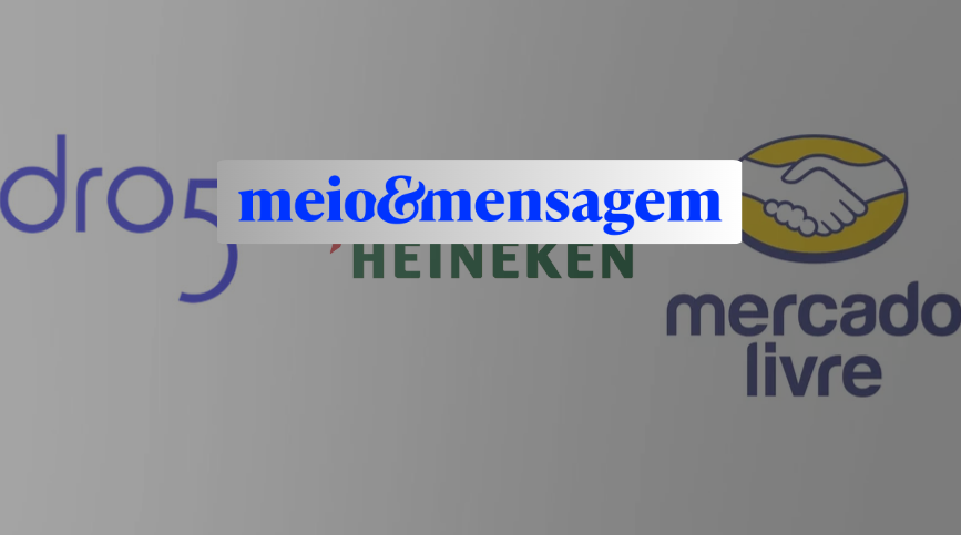 Print de slide com logos Heineken e Mercado Livre e logotipo meio&mensagem sobreposto